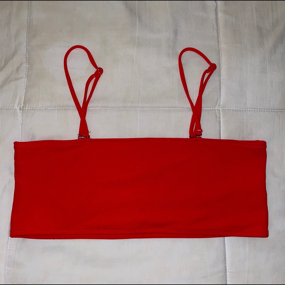 Red Ribbed SHEIN Bikini Top With Detachable Straps